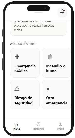 Accesos rápidos: emergencia médica, incendio o humo, riesgo de seguridad y otra emergencia