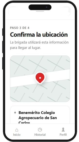 Pantalla para confirmar la ubicación del incidente en un mapa