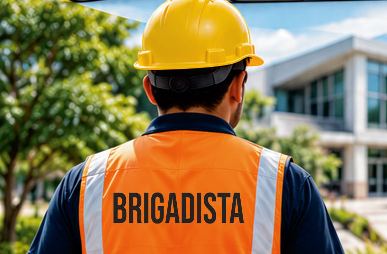 Brigadista con casco y chaleco naranja frente a un edificio institucional